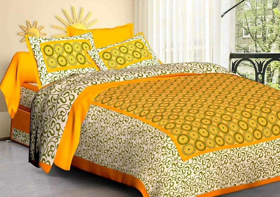 RajasthaniKart® Pure 100% Cotton Double Bed Sheet with 2 Pillow Covers (Bedsheet for Double Bed Cotton, Yellow Golla Jaipuri, King Size,5232)